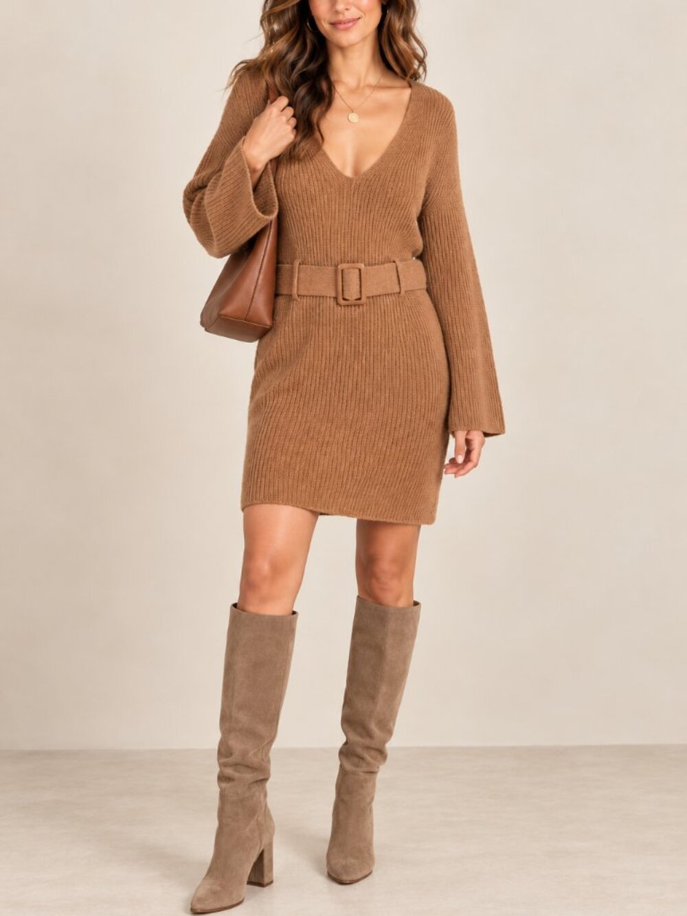 NWT Leith Camel Ribbed Knit Belted V-Neck Sweater Dress Size S